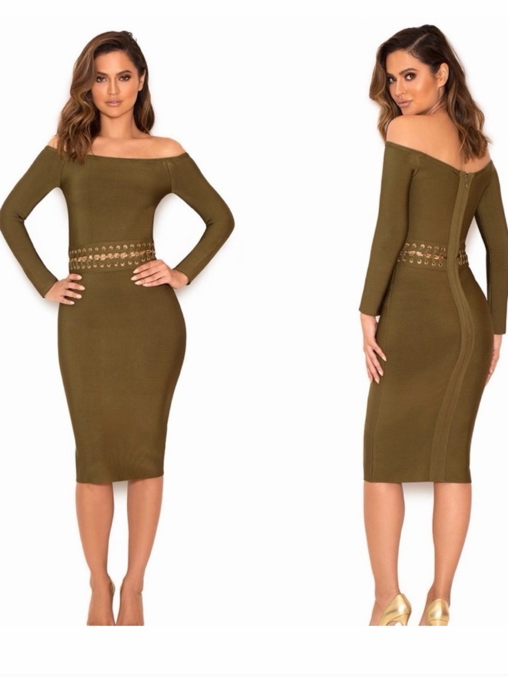 House of CB Olive Off-Shoulder Bodycon Midi Dress